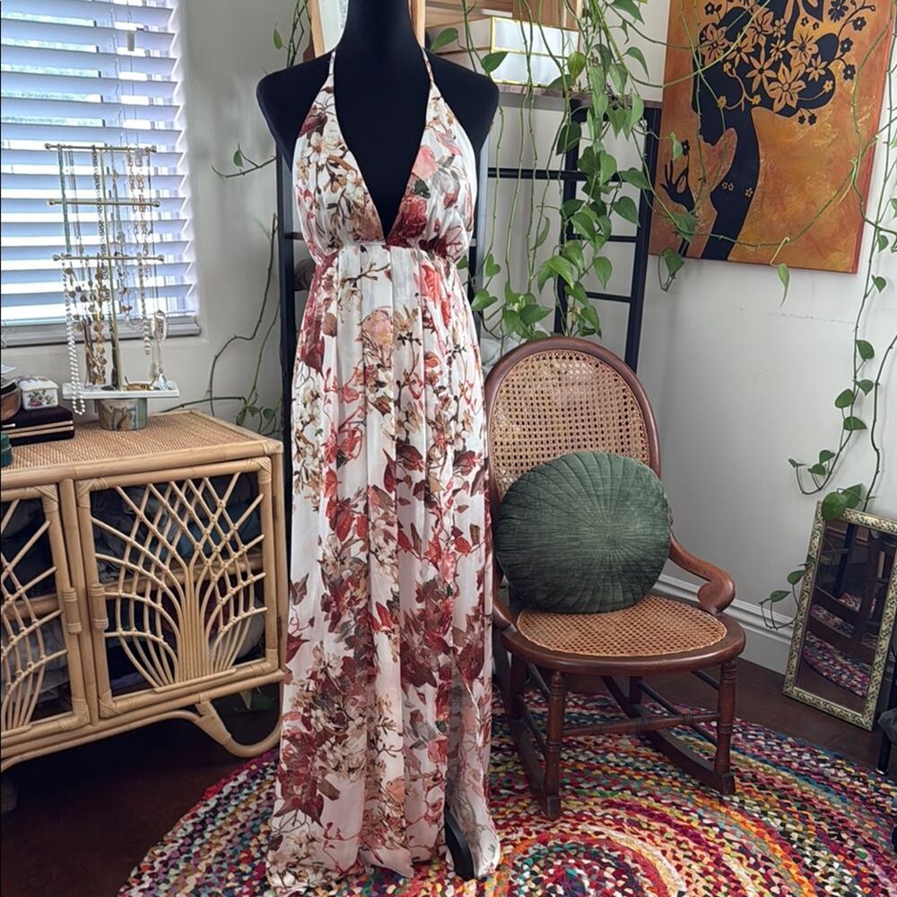 Hello Molly Off White Floral Open Back Side Slit Boho Hippie Halter Maxi Dress